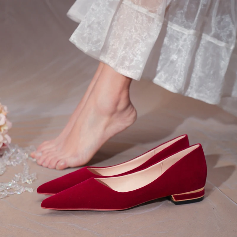 

Chinese Retro Style Wedding Shoes Square Low Heel Wine Red Suede Cloth Female Bride Dress Flats New Large Size Pregnant Shoes