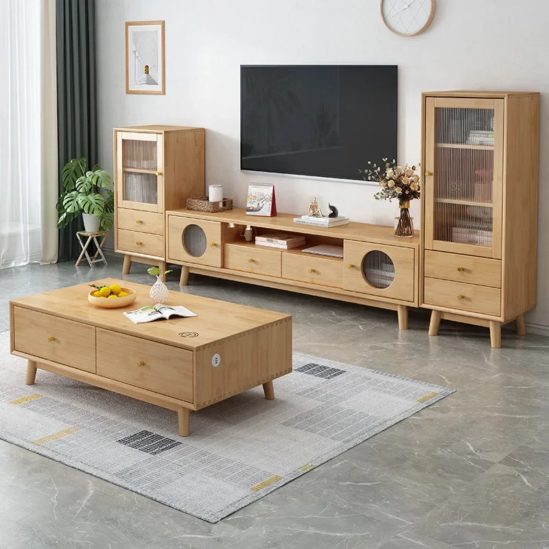 Meuble TV nordique en bois massif, combinaison de table basse, chargement USB sans fil, meuble de sol simple, mur pour petit appartement