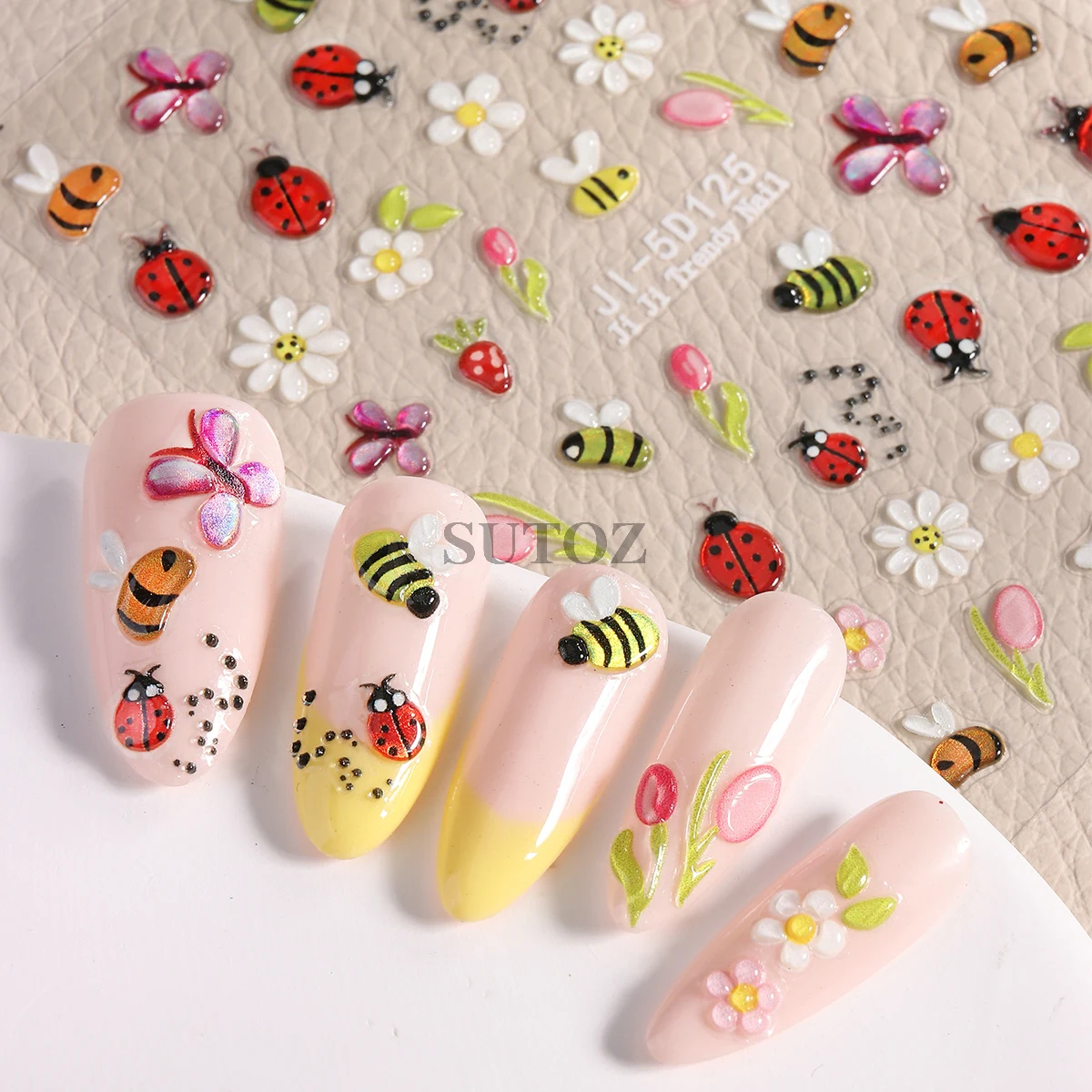 5D Ladybird Nail Stickers Cartoon Ants Bees Snails Insects Nail Decals Kawaii Charms Daisy Flowers Sliders for Manicure LEBJI-5D