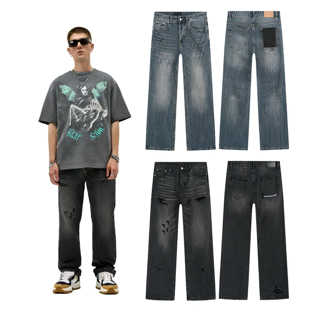 

Streetwear Clothing Mens Baggy Retro Jeans Y2k Hiphop Street Style Cotton Distressed Ripped Loose Rock Revivals Jeans Wide Pants