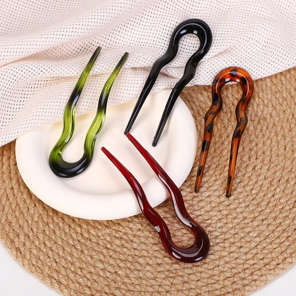 Vintage U-Shaped Twist Hair Fork Stick Hair Clip for Women Girls Acetate Wavy Leopard Hairpin Bun Pin Headwear Hair Accessories