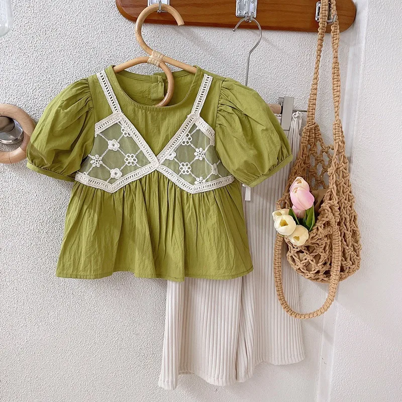 1-8T Summer Fake Two-Piece Short-Sleeved Lace Shirt Top + Wide Leg Pants Girls Clothes Sets Short-Sleeved Top with Trousers Suit