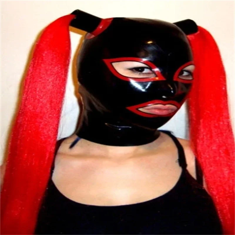 

Handmade Latex Hoods Sexy Fetish Rubber Mask Black with Red 2 Wigs Back Zipper Club Wear Women Halloween Cosplay Costumes