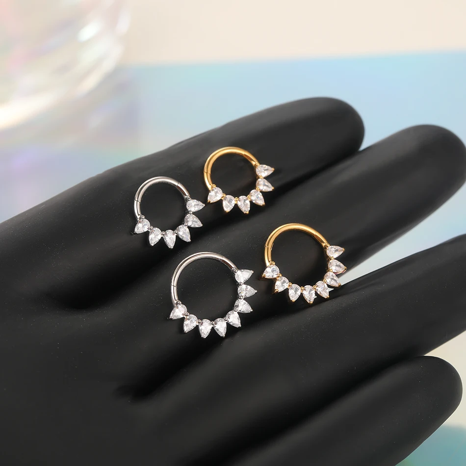 1PC ASTM F136 Titanium CZ Daith Earring Hoop 16G Hinged Septum Clicker Nose Ring Hypoallergenic Piercing Conch Helix Jewelry