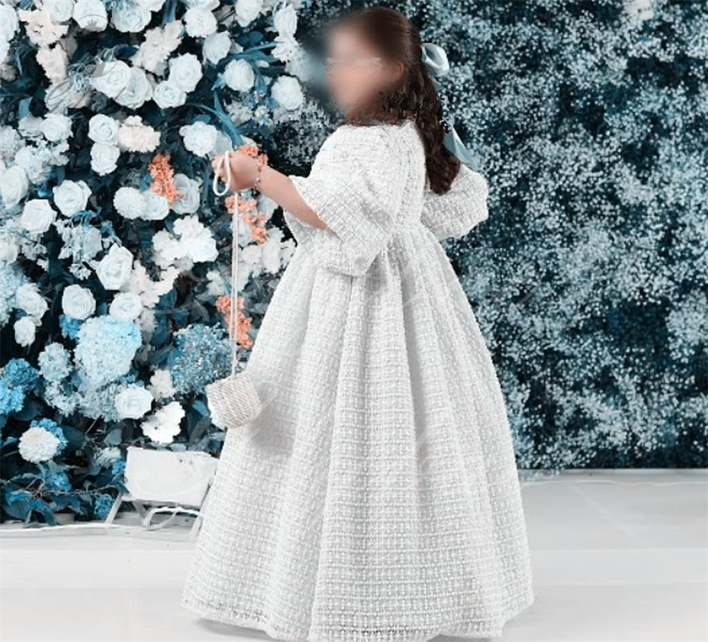 Milk Lace Tulle Flower Girl Dress For Wedding White Short Sleeves Puffy Kids Birthday Party First Communion Dress Ball Gowns