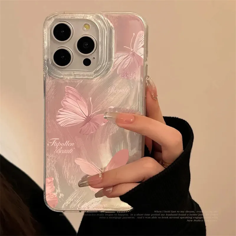 Pink Butterfly Laser Phone Case For Apple IPhone 15 11 13 14 12 Pro Max 16 Plus SE2 3 X XR XS Max 8 7 Plus Lens protection Cover