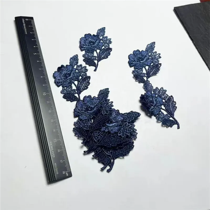 (10pcs/lot)3*6cm  Shiny Dark Blue Sewing Hollow Rose Flower Motif Venise Lace Applique for Garment Embroidery Lace patches