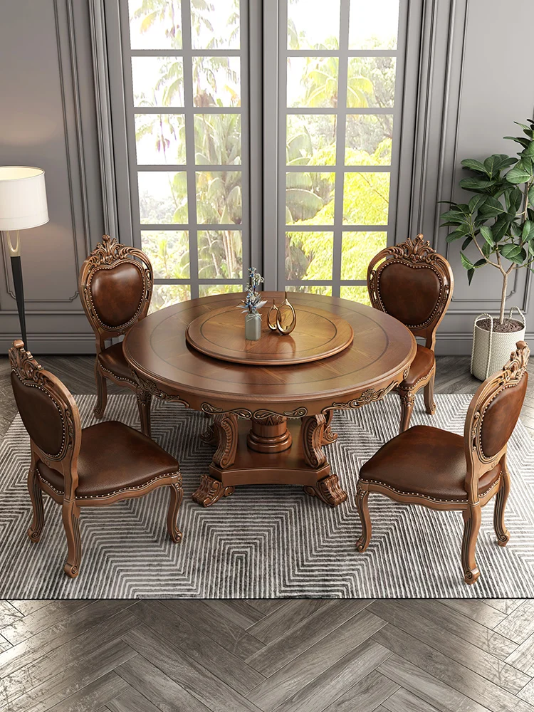 Marble dining table and chair combination, American style all solid wood villa, luxurious table, dining home, round table