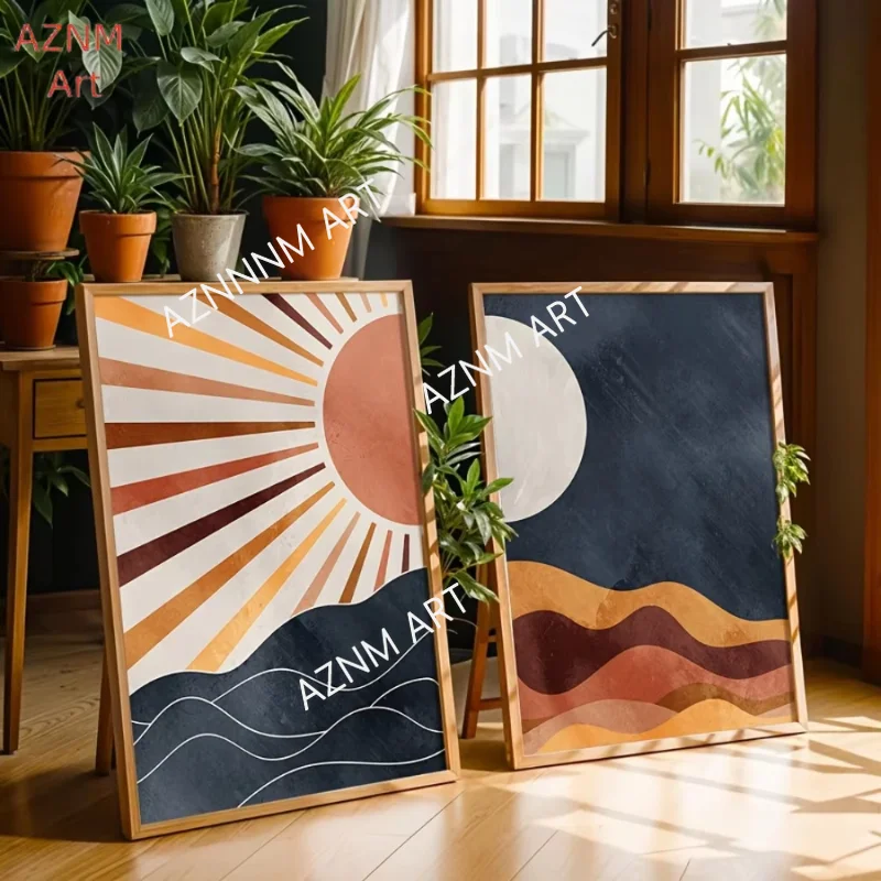 1/2Pcs  Sun and Moon Bohemian Wall Art Prints, Mid-century Modern Sunset Canvas Posters, Navy Blue Wall Decoration