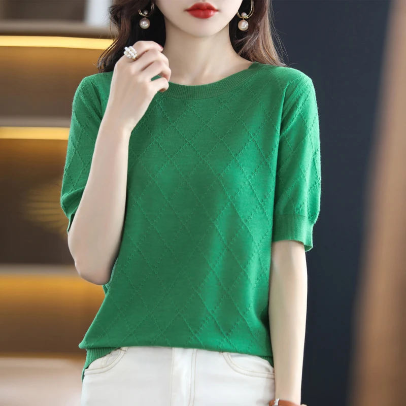 

Summer new wool T-shirt women's round neck short sleeve pullover loose knit solid color top casual fashion versatile T-shirt