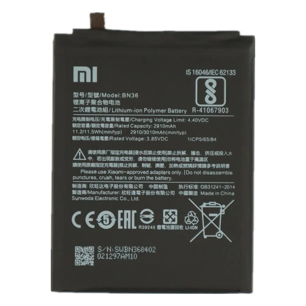 샤오미 오리지널 배터리, BN36, 샤오미 미 A2 6X Mi6X MiA2 용, 3000mAh 휴대폰 배터리, 빠른 배송, 2024 년 하이 퀄리티