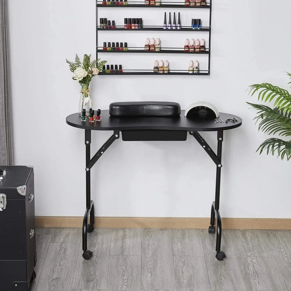 Mesa de manicure portátil e dobrável, Nail Desk, estação de trabalho com gaveta grande, rodas controláveis, para Spa Beauty Salon, 37"