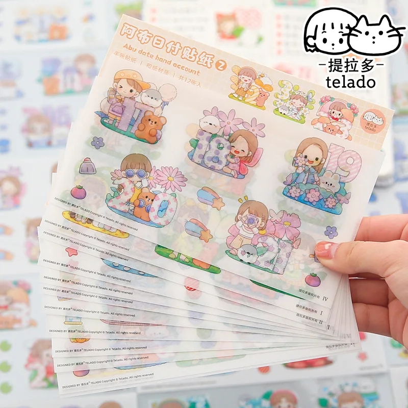 12ชิ้น/แพ็ค Kawaii telado ABU Girl date PET & Washi กระดาษสติกเกอร์สมุดภาพ DIY สติ๊กเกอร์ไดอารี่เครื่องเขียนอุปกรณ์หมีสติกเกอร์