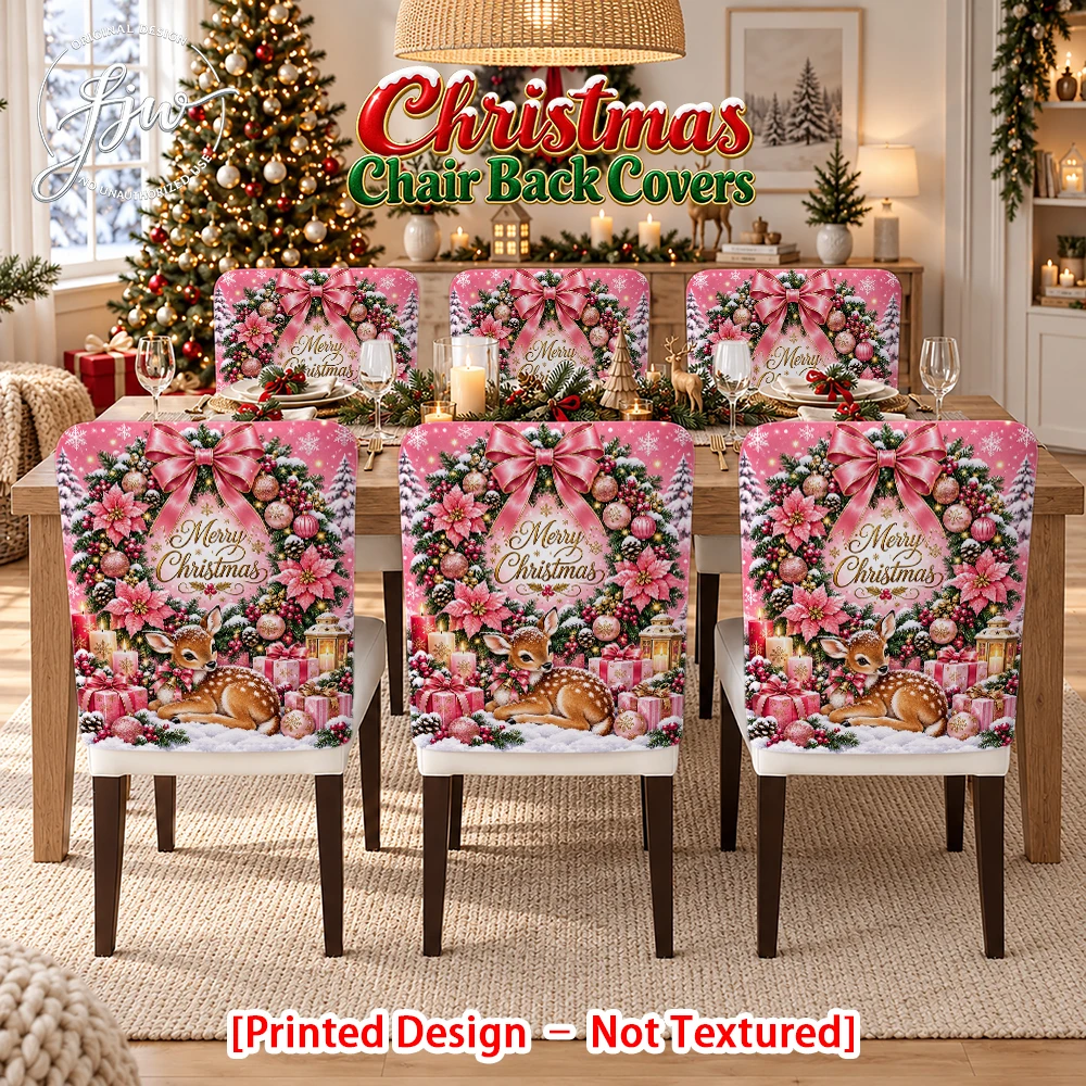 6/4/2pc Pink Christmas Deer Floral Wreath Chair Back Covers, Holiday Dining Chair Slipcovers for Home Party Decor