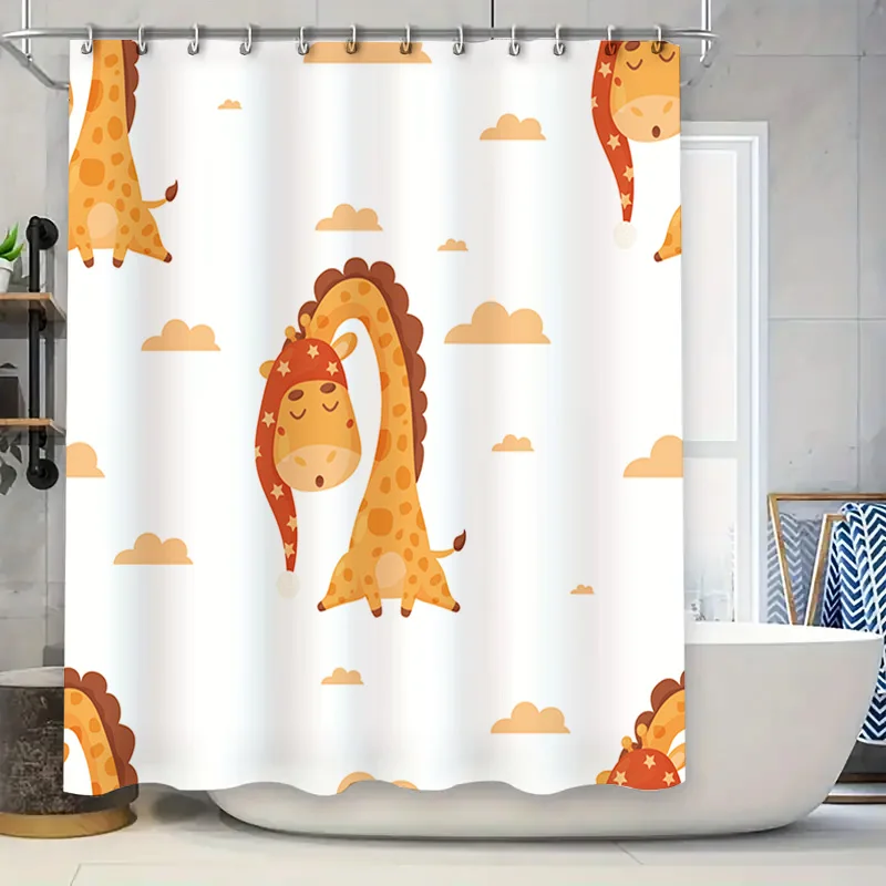 

Детская занавеска для душа с изображением жирафа, милый декор для ванны с животным принтом, современный стиль для детской ванной комнаты, белая ткань, 72 x 84 дюйма (183 см
