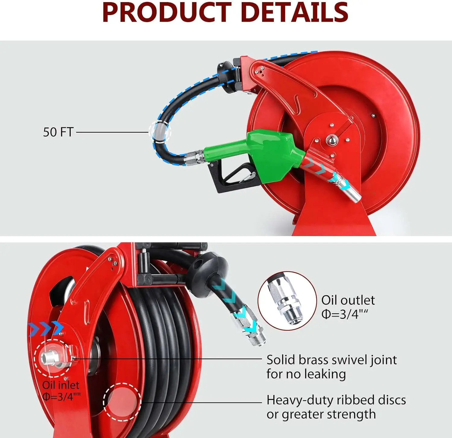 Fuel Hose Reel With Fueling Nozzle, 3/4