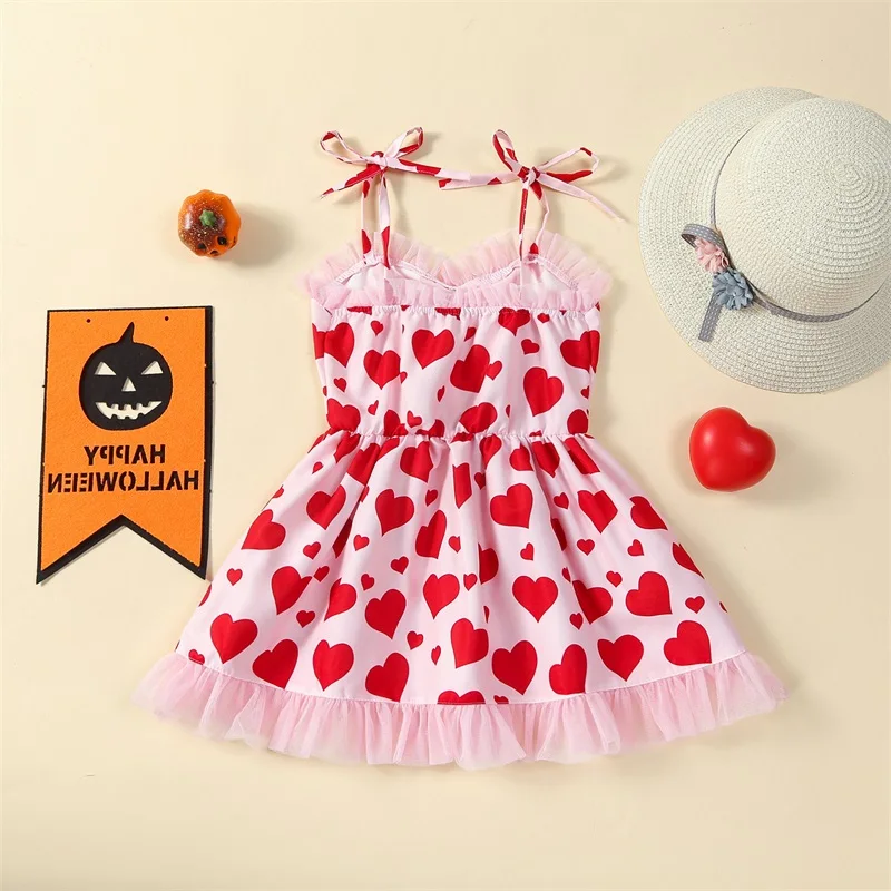 Girls Valentine s Day Cami Dress Sleeveless Heart Print Adjustable Shoulder Strap Princess Dress