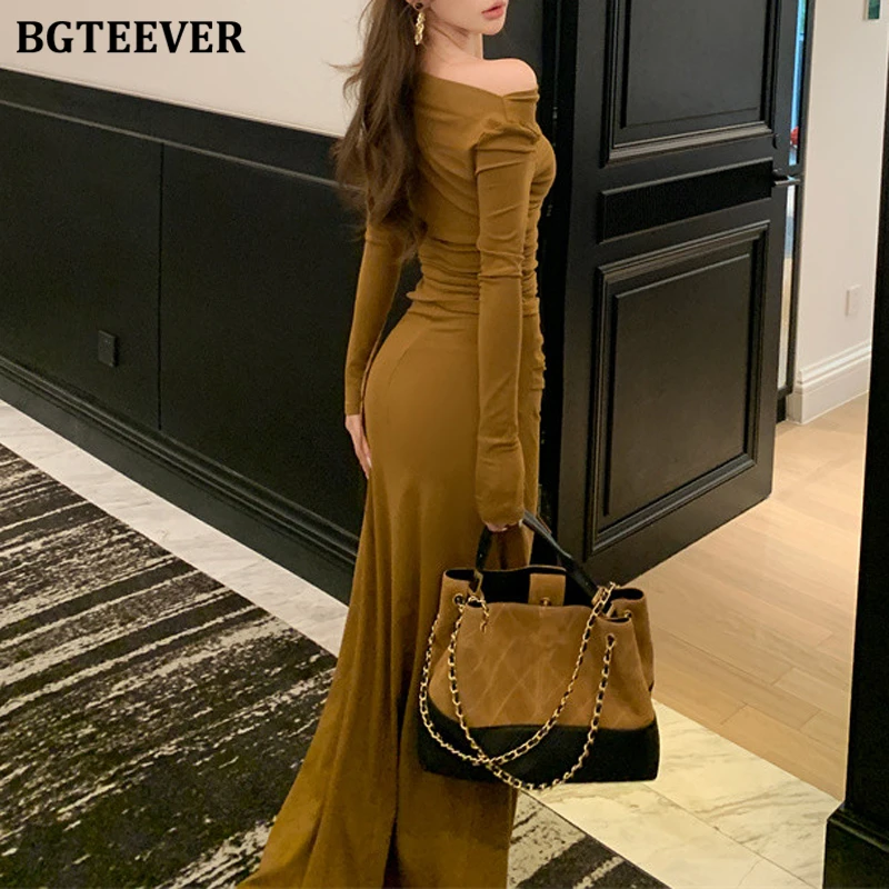 BGTEEVER Autumn Elegant Slim Ladies Skirt Suits Long Sleeve Slash Neck Pullovers Tops & Package Hip Skirts Women 2 Pieces Set