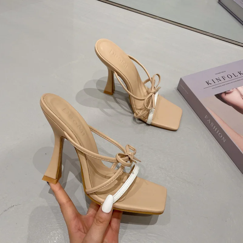 New Fashion Ladies Slippers Shoes Sexy Thin High Heel Square Open Toe Summer Sandals Butterfly-Knot Decoration Slip-On