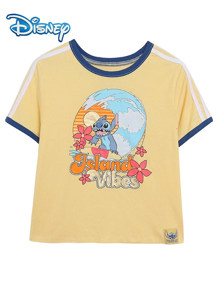 

Футболка контрастного цвета с буквенным принтом Disney Stitch Little Monster, женский пуловер с короткими рукавами и круглым вырезом, футболки в стиле Харадзюку