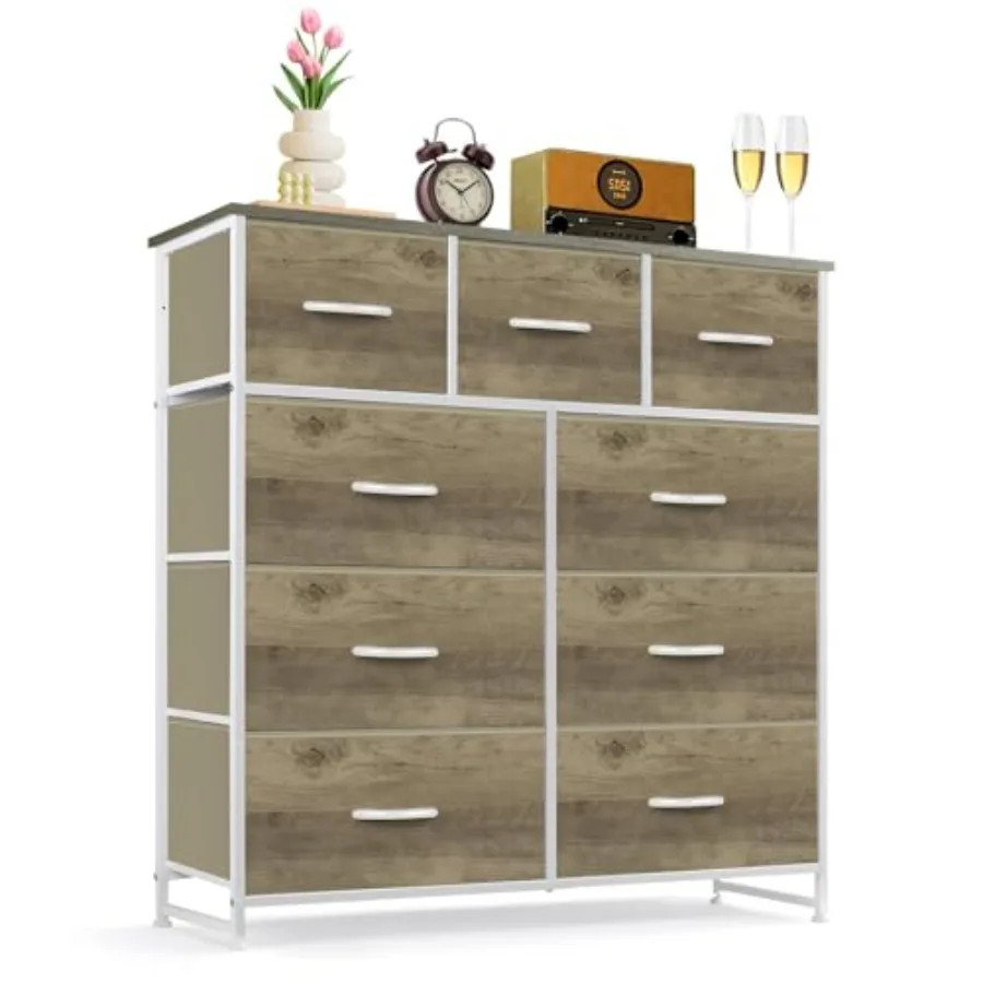 

9-Drawer Dresser for Bedroom Anti-Tip Tall Storage Organizer Chest of Drawers with Wooden Top and Metal Frame Fabric Bins for C