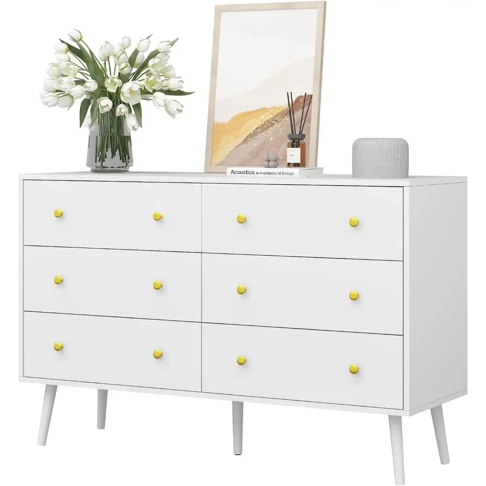 

White Dresser for Bedroom, Double Wood Dresser with Gold Handles, 6 Drawer Dresser, Modern Mid Century Chest of Drawers