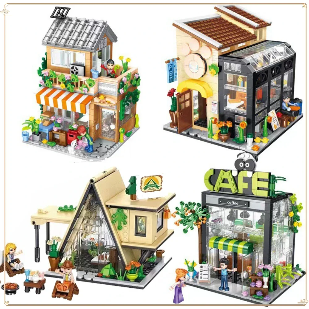 

Dream House Series Street View Architectural Model Coffee Shop Pet Bookstore Assembling Building Block Toys Kid's Birthday Gift