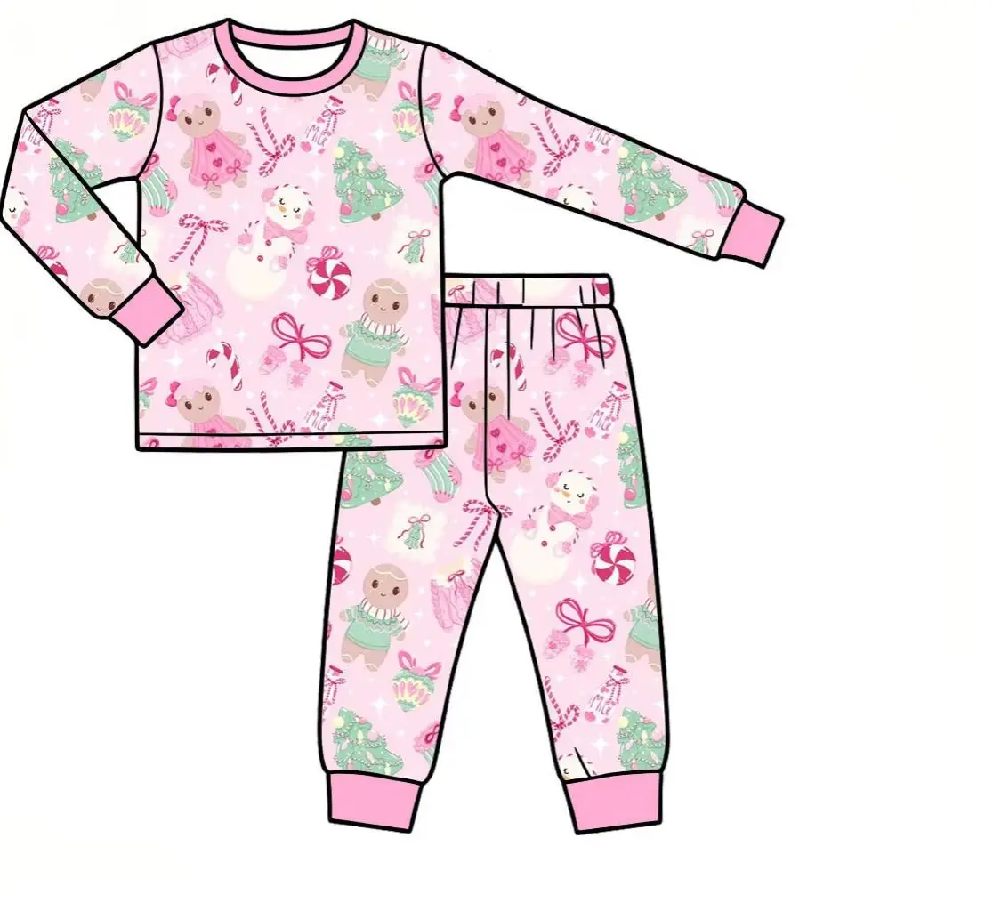 New Toddler Girls Pink Gingerbread Man Candy Outfits Kids Christmas Pajamas Dress Romper Robe Sleep Set view 3