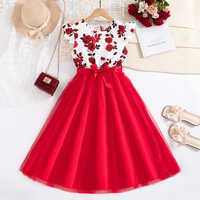 Set For Kids Girl 8-12 Years Ruffled Sleeve Rose Floral Print Tulle Cute Princess Formal Dresses with Belt Ootd For Baby Girls