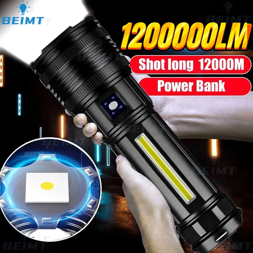 

10000W Powerful Spotlight LED Flashlight with COB Side Light Type-C Charging Lantern Tactical Torch for Fishing Camping Lamp