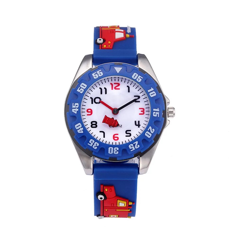 Blue 3D Cartoon Quartz Watch Waterproof Rubber Strap Fire Fighting Truck Theme Large Round Dial Time Clock for