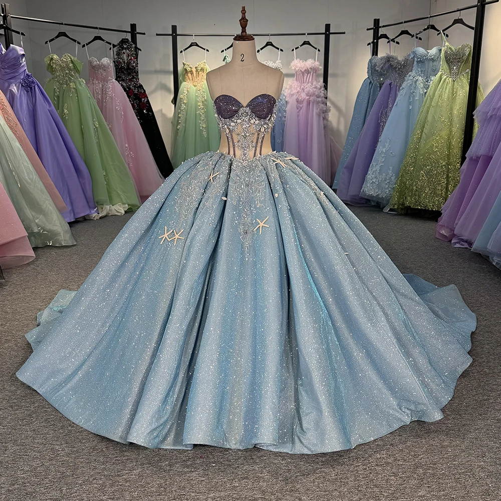 Aangepaste hemelsblauw baljurken quinceanera jurken met kristal strapless corset sweet 16 jurk vestidos de 15 anos DY 6836