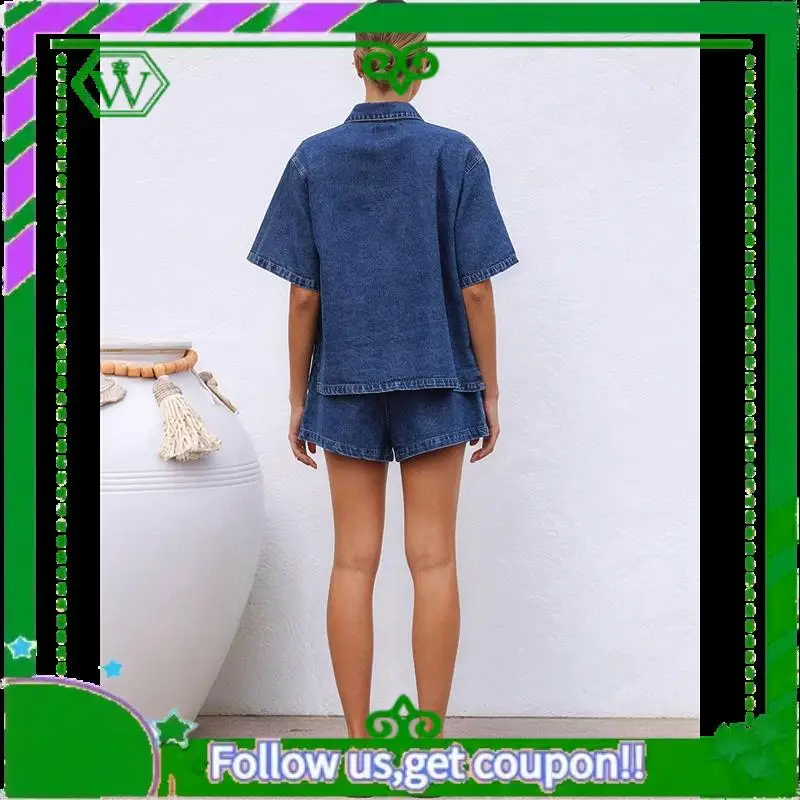 

A18P-Women's Denim 2 Piece Outfits Short Sleeve Button Down Shirt Drawstring Shorts Set Casual Jean Outfits