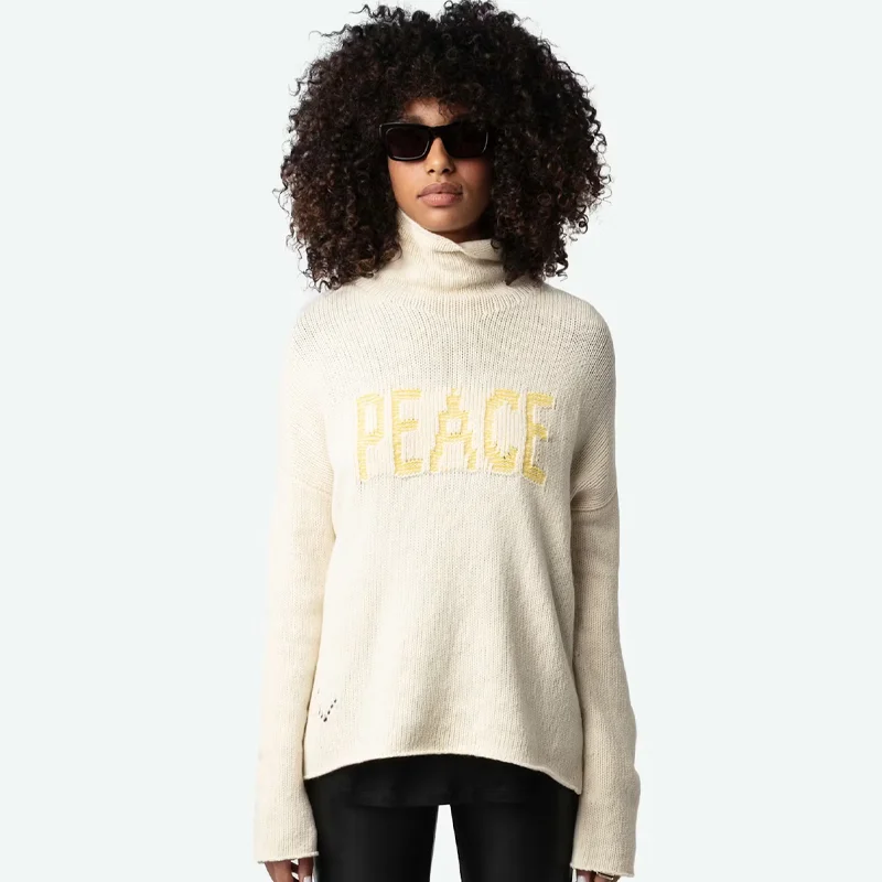 Zadig Wool Sweater Female Turtleneck Latte Jumper Women Casual Peace Letter Sweaters Ladies Embroidered Cashmere Pullover Tops