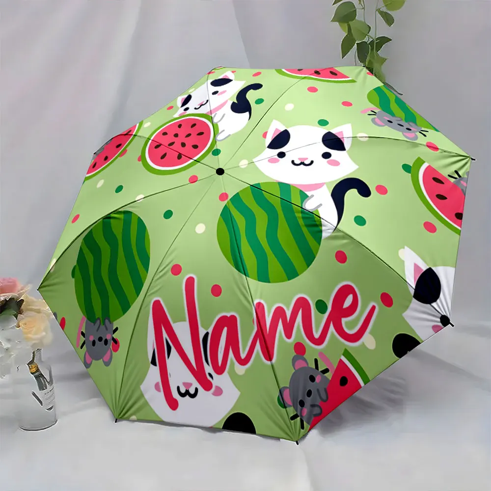 Custom Name Cute Cat and Watermelon Pattern Umbrella Design Print 8 Iron Ribs Folding Umbrella, Auto-Open Fashion Sunshade