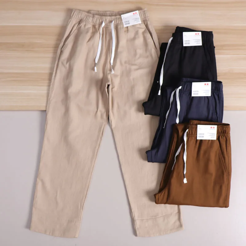 

Cotton Khaki Men's Autumn Pure Color Skin-friendly Plaid Faionable Casual Pants Retro Sle Straight Leg l Waist