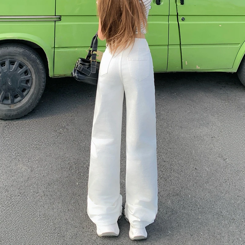 KSTUN 2026 Stretch Witte Jeans Dames Hoge Taille Double-Breasted Jeans Rechte Pijpen Denim Broek Casual Veelzijdige Lange Broek