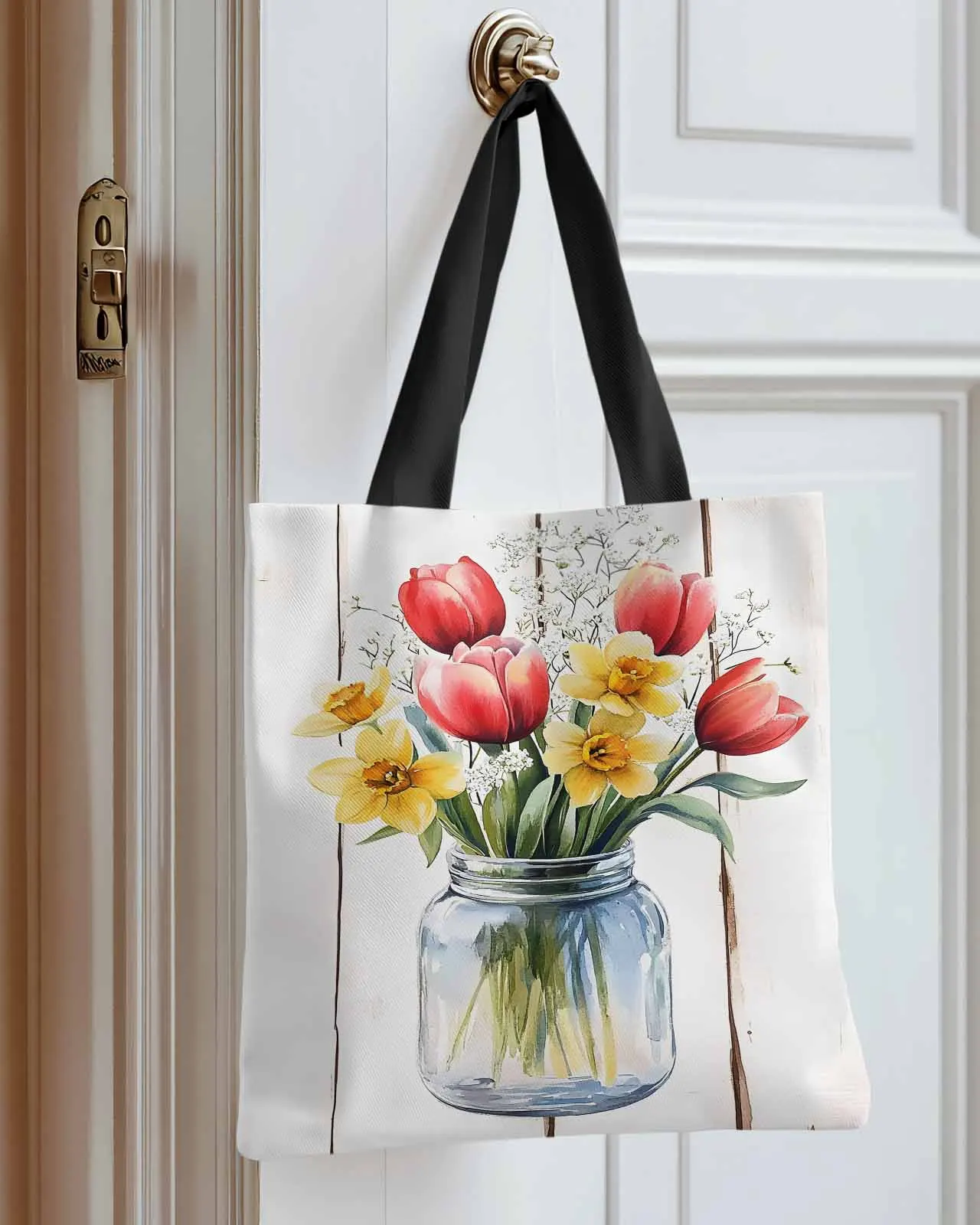 

Vintage Watercolor Tulip Vase Canvas Bag Handbag Oxford Cloth Eco Shopping Storage Bag for Home Use