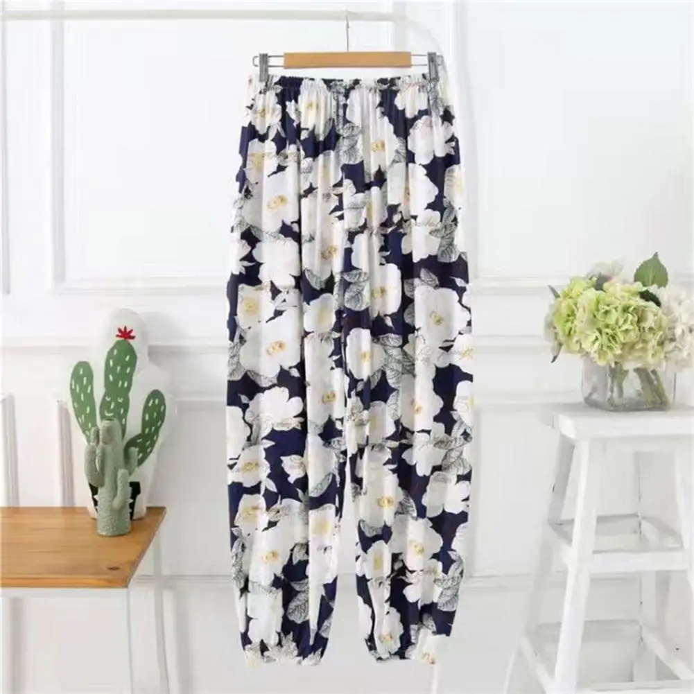 Summer Bloomers Floral Print Wide Leg Harem Pants for Women Elastic Drawstring Waist Trousers Lightweight Thin for Summer