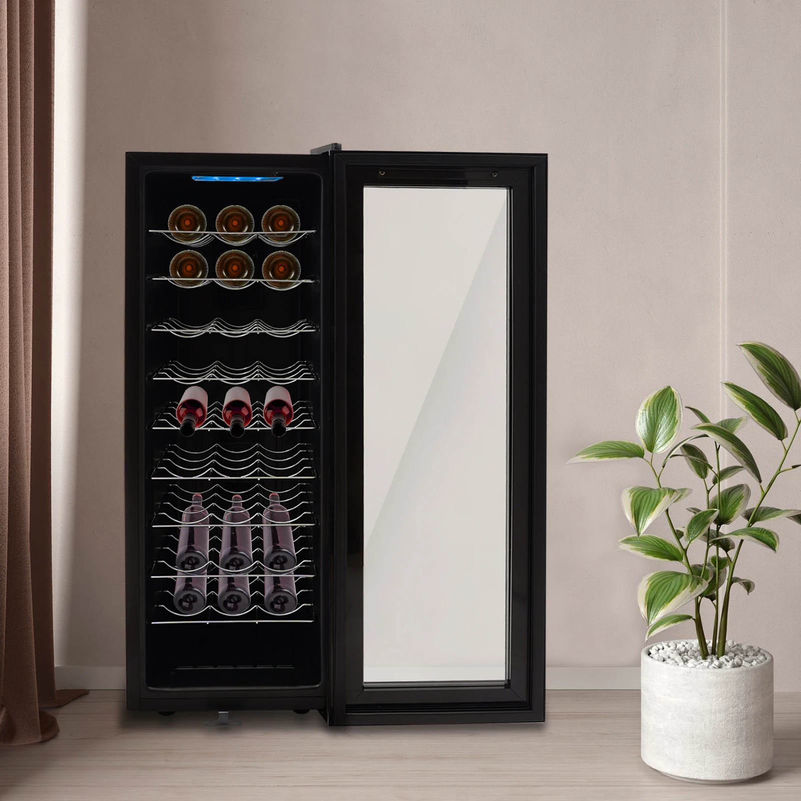 Refrigerador de vino de 90L, refrigerador negro independiente para 30 botellas con estantes de Metal, pantalla LED, vidrio templado, enchufe europeo para Bar en casa