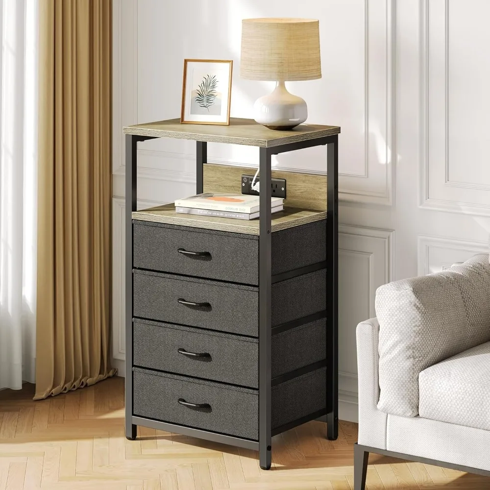Nightstand with Charging Station, Bedside Table with LED Lights, Side Table with Fabric Drawers, Tier Storage Night Stand Table image 2