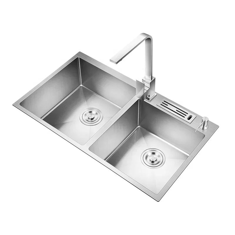 SUS304 Nano Double Bowl Undermount Handmade Stainless Steel Black Kitchen Sink With Faucet