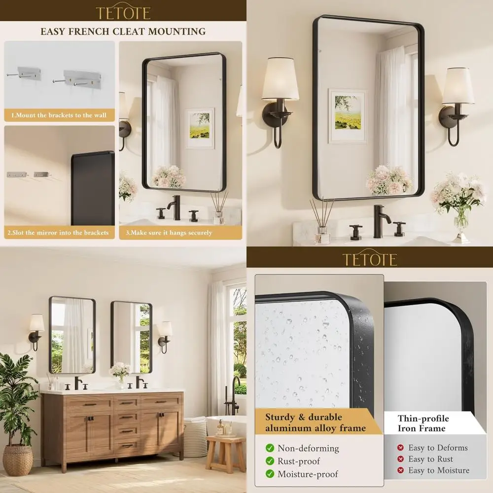 

24 x 36 Black Framed Matte Metal Vanity Mirror, Horizontal Wall Mounted Bathroom Mirror