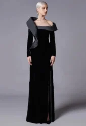 Full Sleeves Mermaid Beadings Floor Length Porm Party Gowns Robes De Soirée For Women Elegant Black Velour Evening Dresses