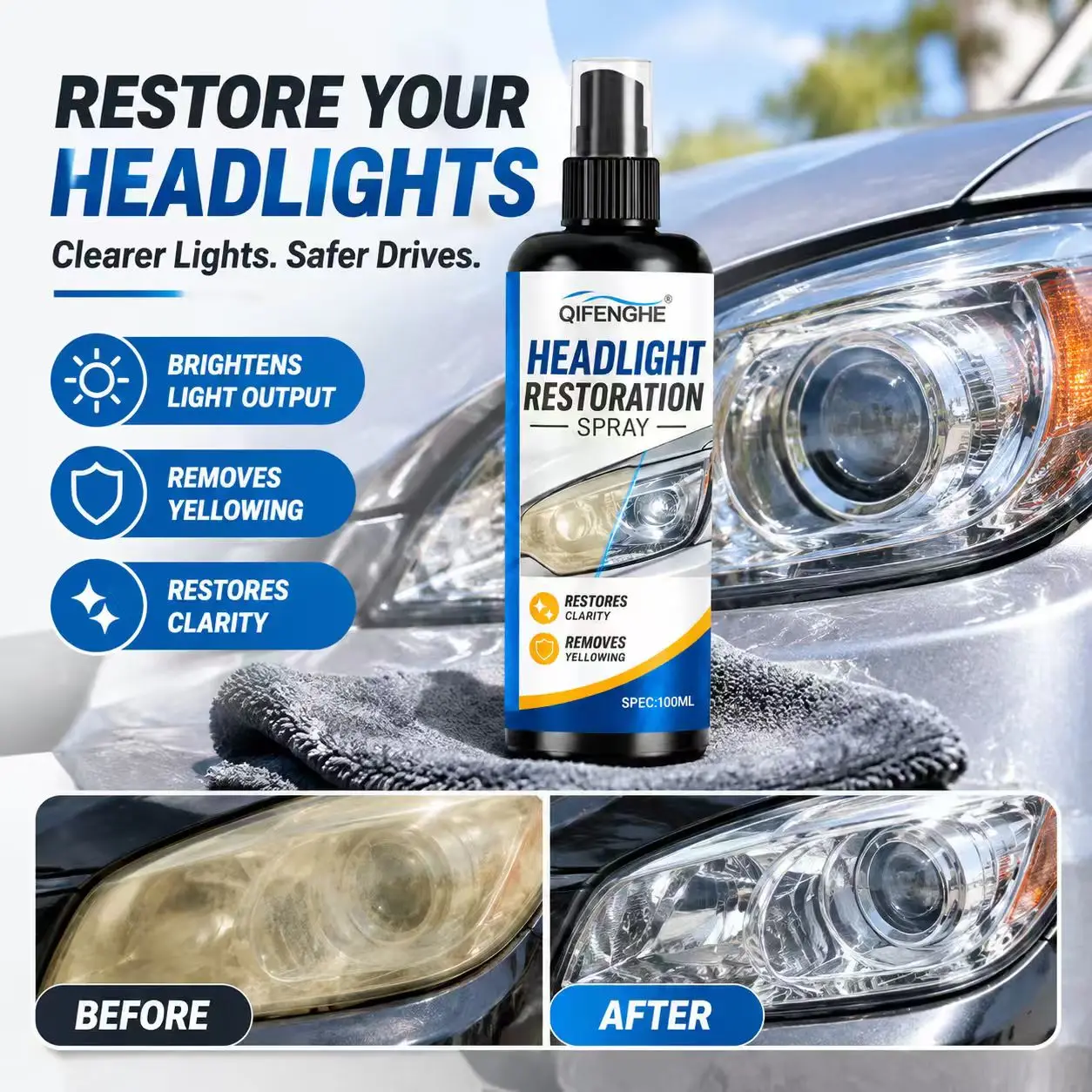QIFENGHE 100ml Car Headlight Restoration Spray, Remove Yellowing Oxidation, Restore Headlight Clarity, Improve Lighting Visibili