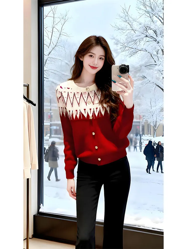 빨간색 니트 오픈 가디건 스웨터 여성용 캐주얼 루즈핏 롱 스웨터 라운드 넥 버튼 디테일 새해 아우로페스 탑