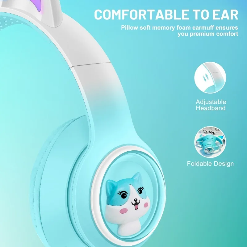 AKZ-02 Wireless Bluetooth Cute Cat Ear Gradient Color Headphones HD Mic RGB Lighting