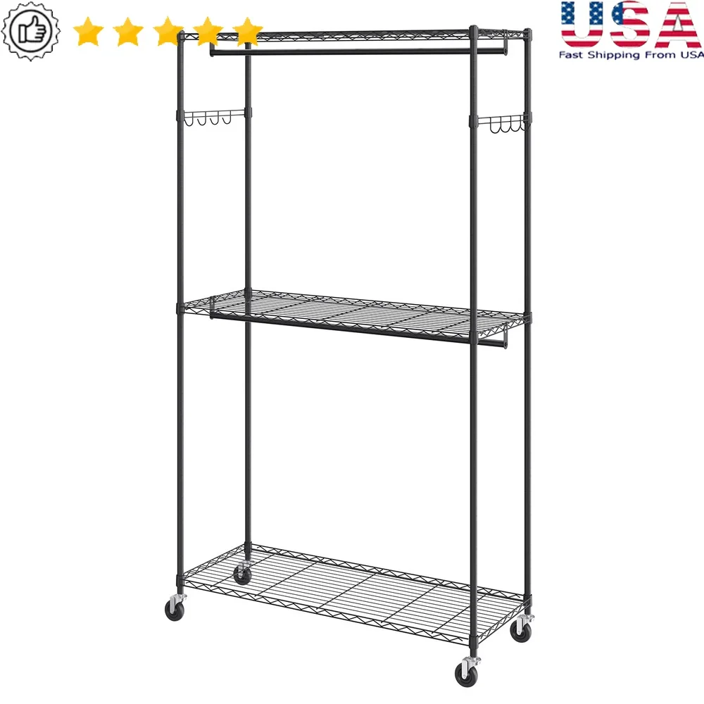 

Heavy Duty Rolling Clothes Rack with Adjustable Hanging Rods 3 Storage Shelves 400 lbs Capacity Mobile Garment Organizer