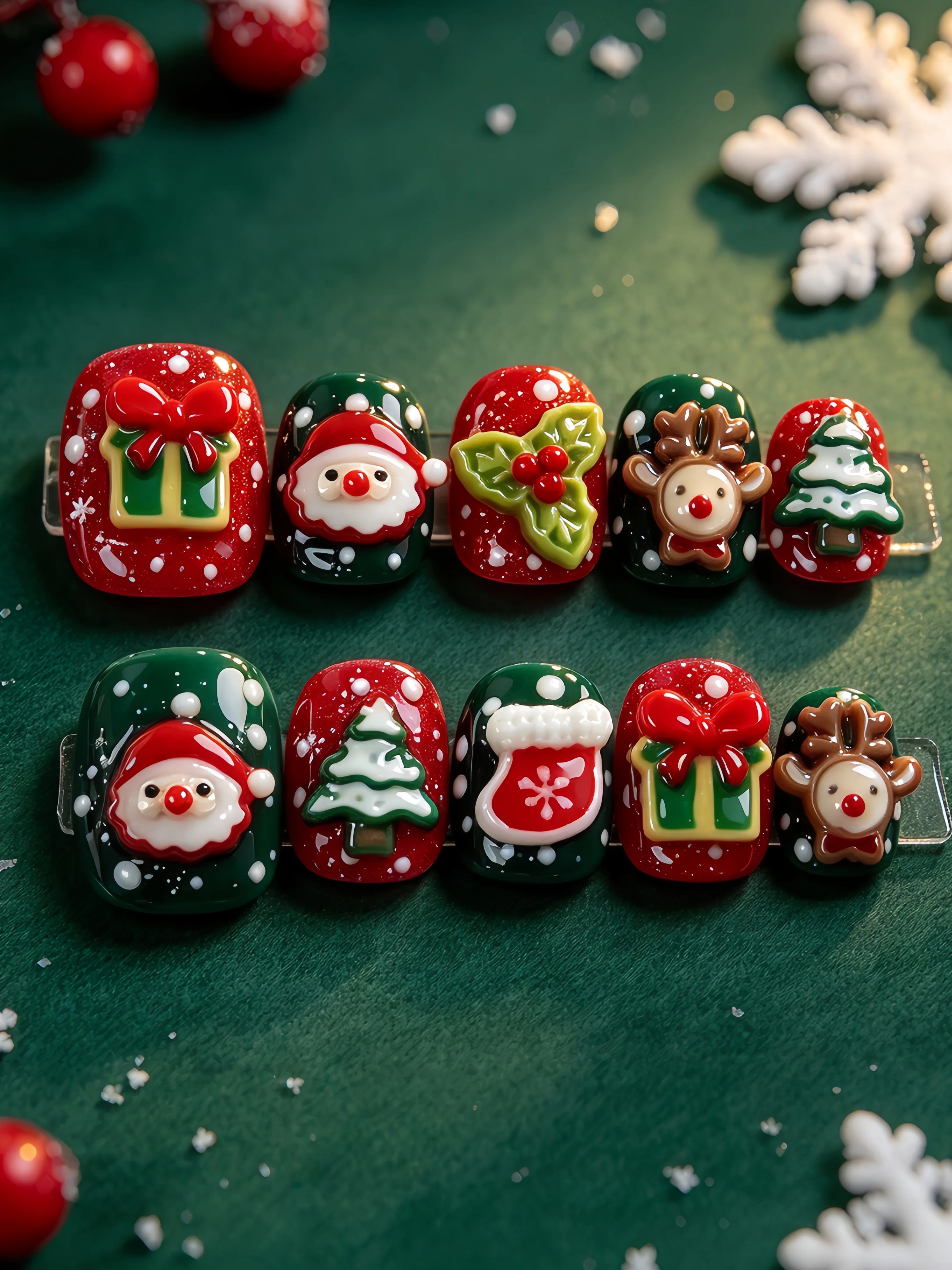 Winter Cartoon Embossed Christmas Handmade Fake Nails, Short Square-Round 3D Holly Accessories Wearable Nails, Christmas Party Photo Shoot Nail Stickers