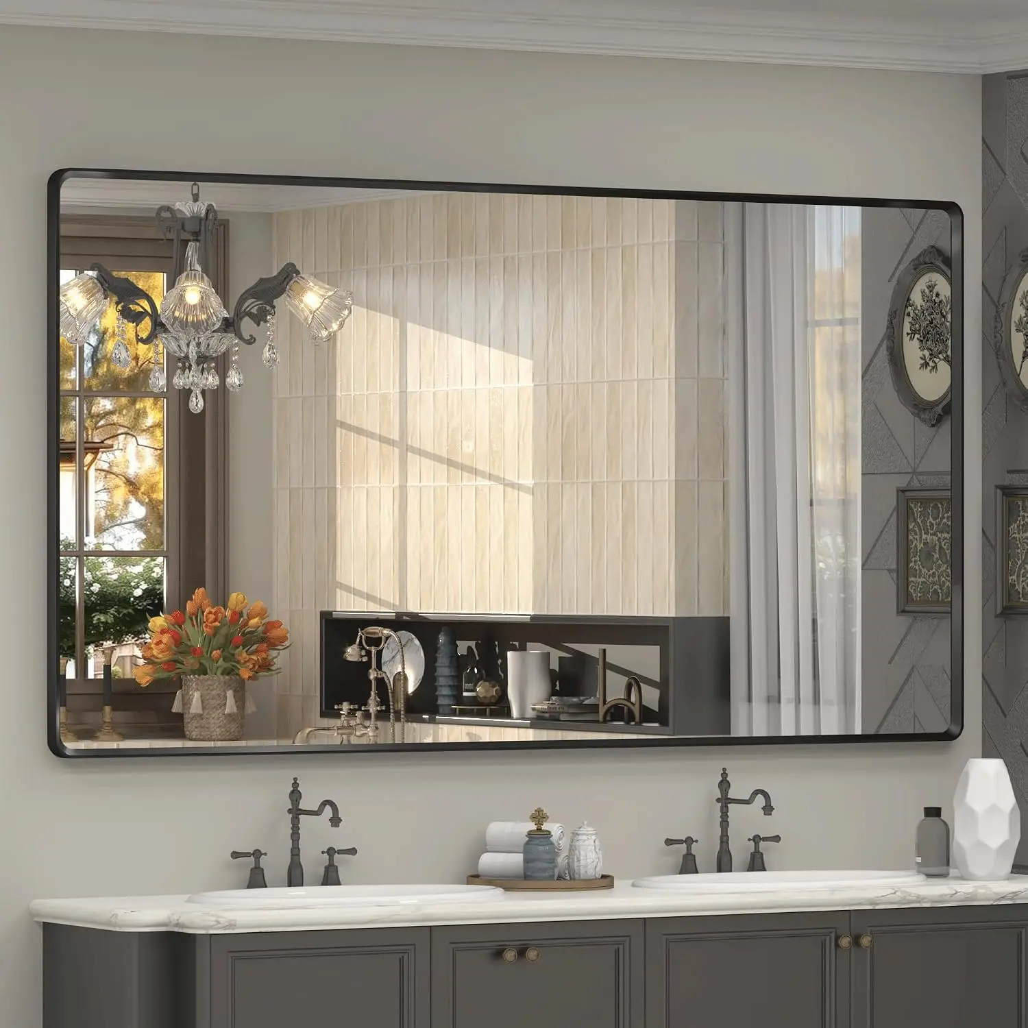 Rounded Rectangle 66x36 Inch Black Matte Framed Wall Mirror Horizontal Vertical Bathroom Vanity Anti Rust Shatterproof